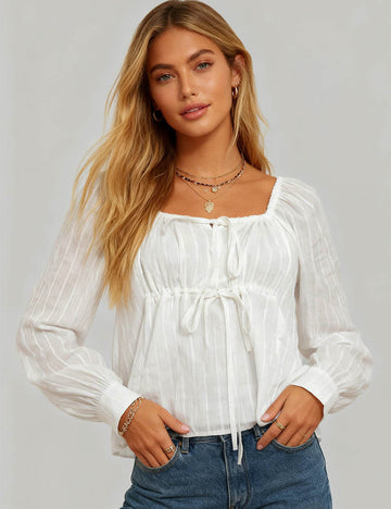 Ladies White Square Neck Tie Front Blouse