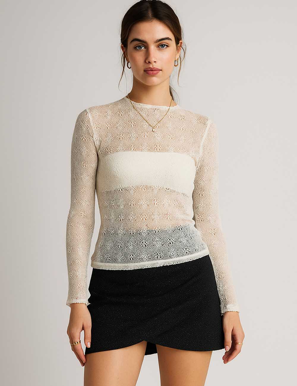 SKTKX13 Women Round Neck Long Sleeves Sheer Top