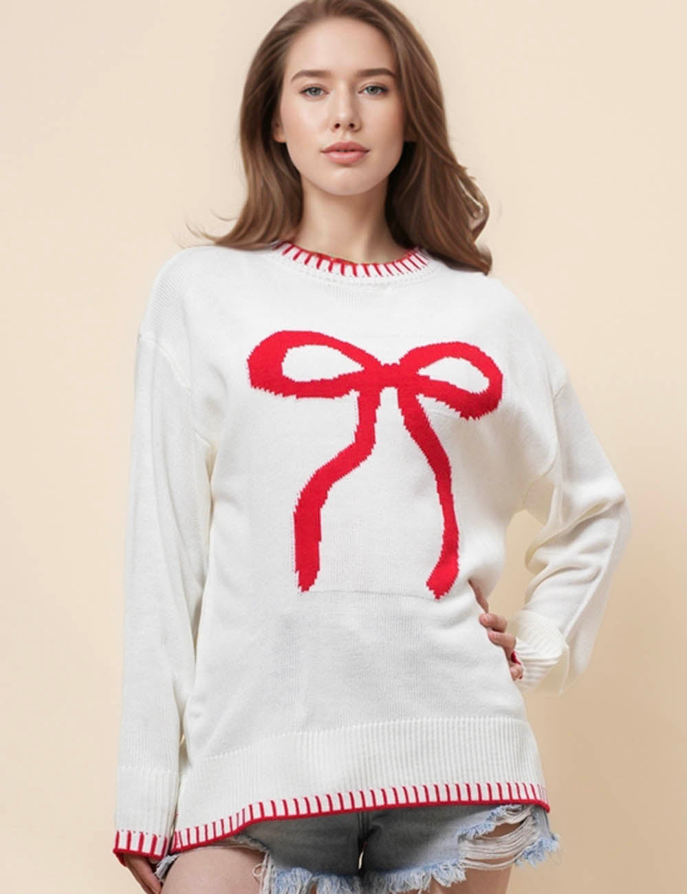 Ladies color block bowknot knit pullover Sweater SKT41052