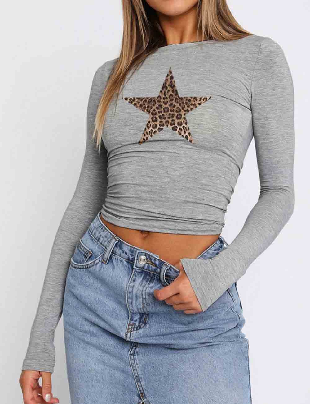 Ladies Star Leopard Print Long Sleeves Cropped Layering Top