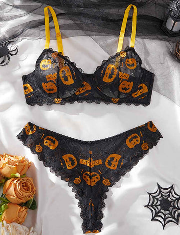 Ladies Sexy Pumpkin Skull Print Lingerie Set