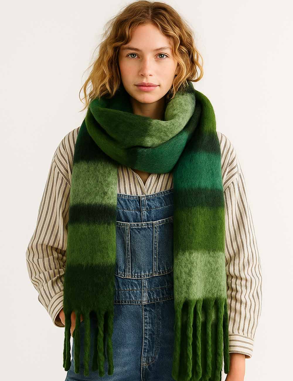 Ladies Warm Striped Pattern Fringe Knit Scarf