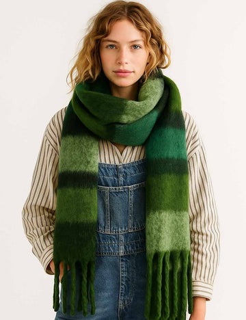 Ladies Warm Striped Pattern Fringe Knit Scarf