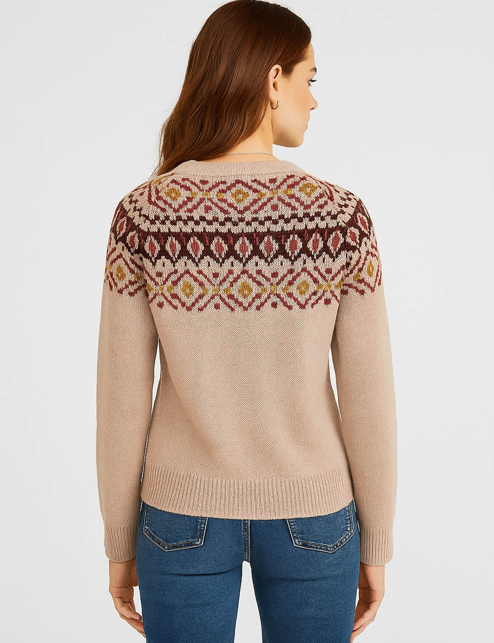 Ladies Geometric Jacquard Pullover Long Sleeves Sweater