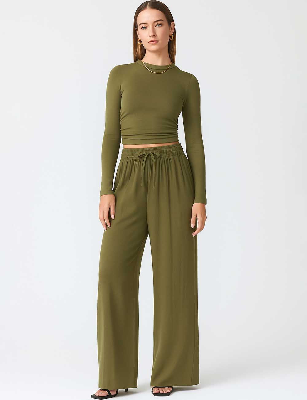 Ladies Stretch Ruched Long Sleeves Cropped Top & Pants Set