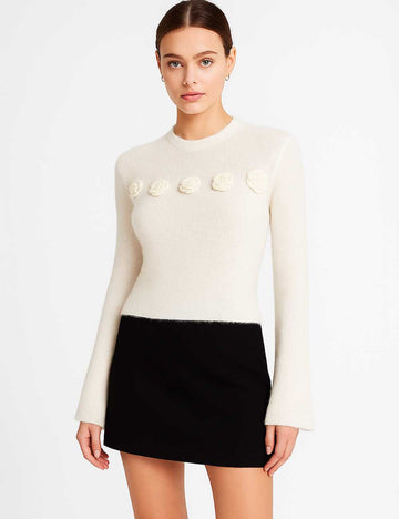 Ladies 3D Crochet Flower Long Sleeves Knit Layering Top