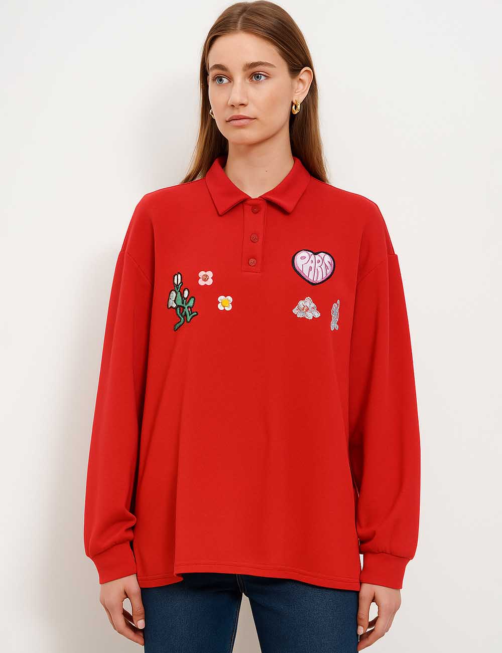 Ladies Colorful Patch Polo Collar Long Sleeves Sweatshirt