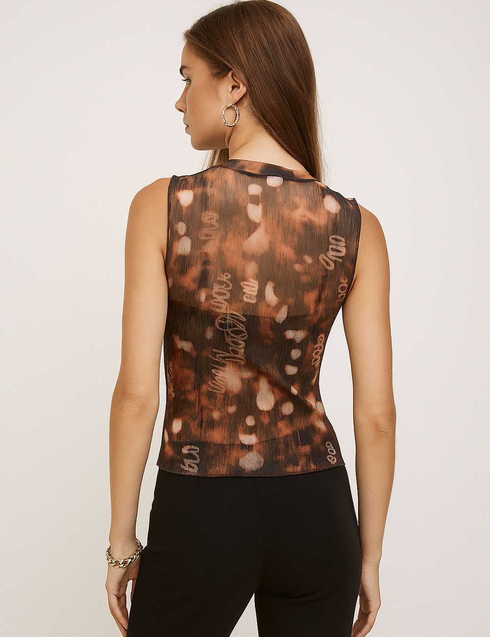 Women Turtle Neck Print See Sheer Layering Tank Top