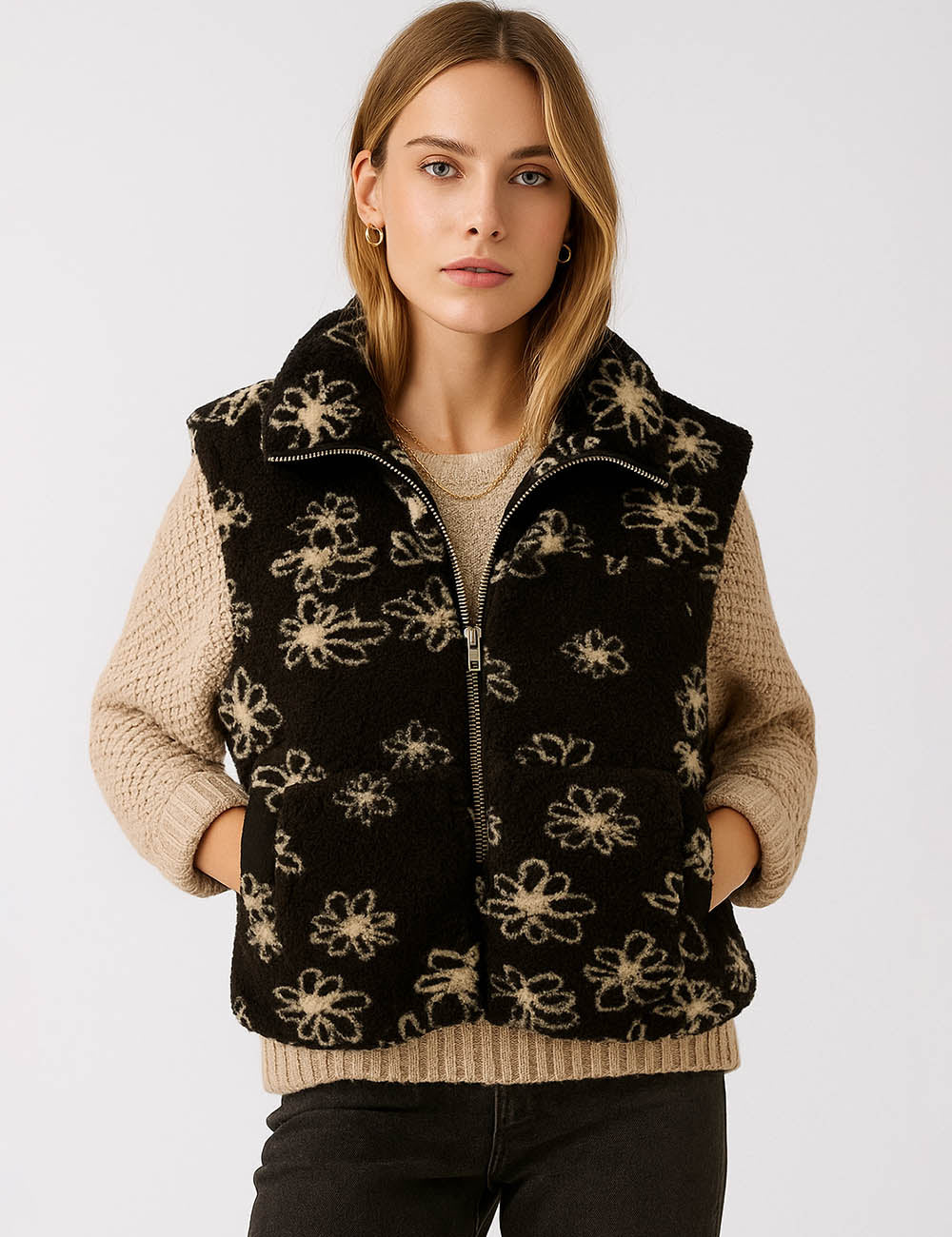 Ladies Sherpa Fleece Floral Pattern Zipper Front Vest Jacket