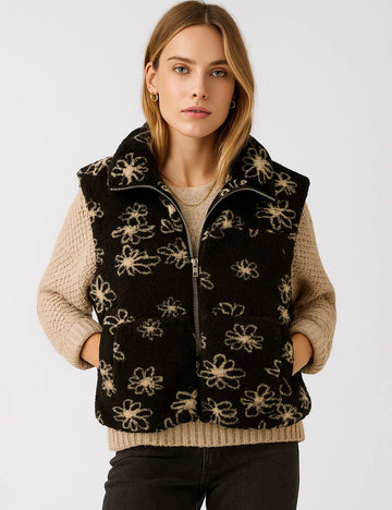 Ladies Sherpa Fleece Floral Pattern Zipper Front Vest Jacket