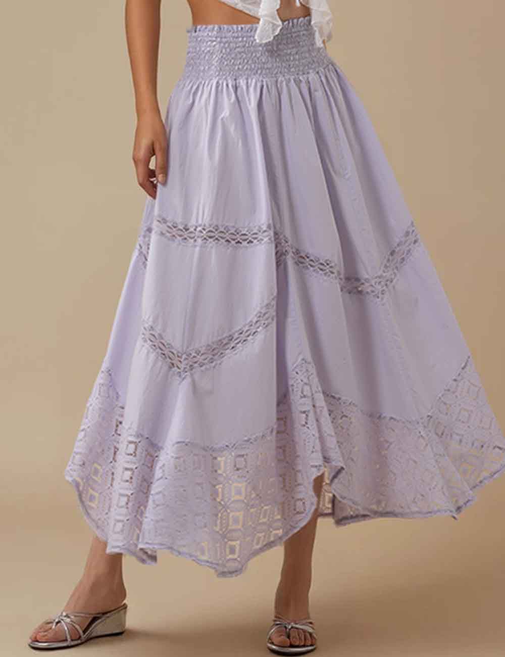 Ladies Solid Color Lace Eyelet Elastic Waist Maxi Skirt