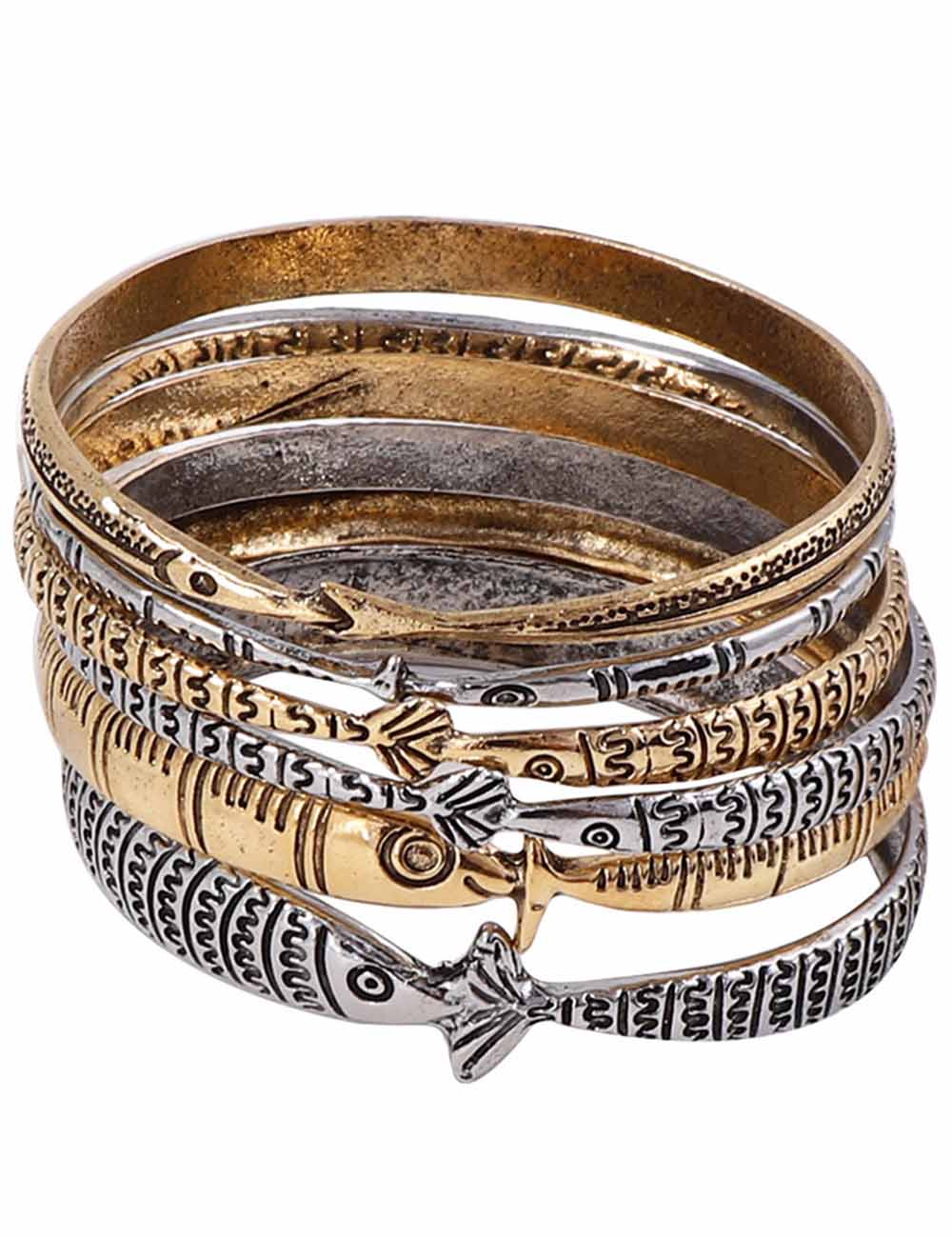 Ladies Vintage Gold Silver Tribal Fish 6PCS Bangle Set