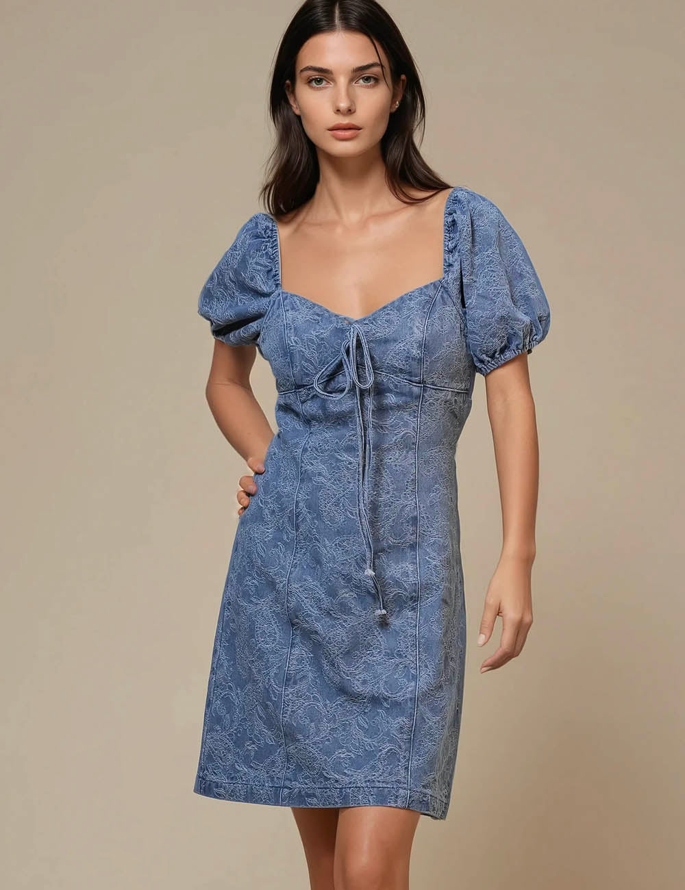 Ladies Square Neck Bubble Sleeves Denim Mini Dress SKD50007