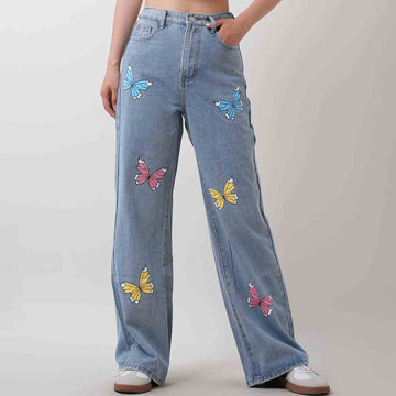 Ladies Butterfiy Print Wide Leg Denim Pants
