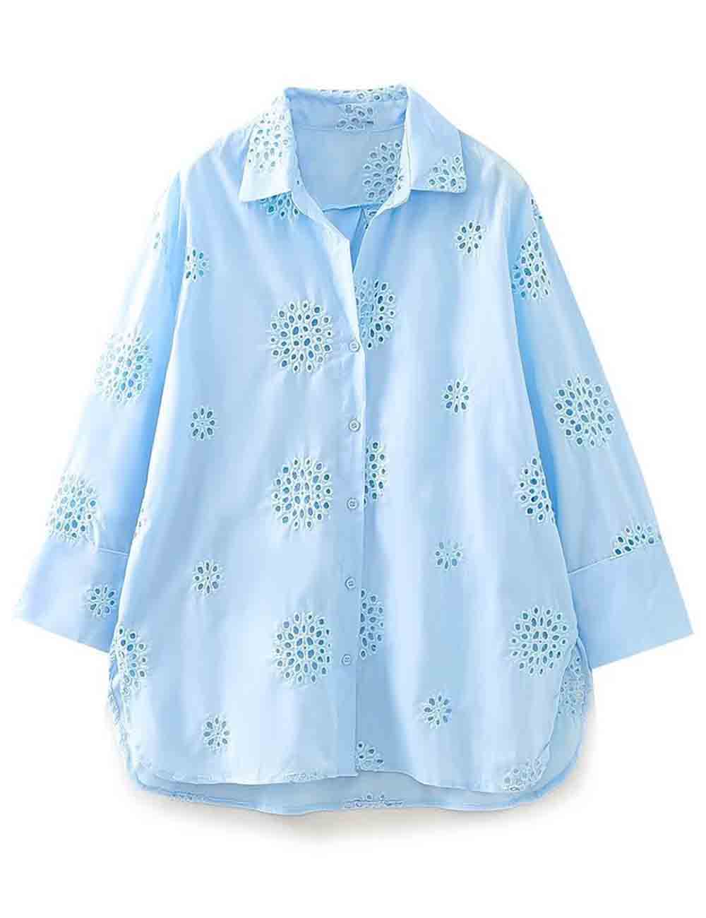 Ladies Solid Color Eyelet Hollow Out  Shirt & Shorts 2PCS Set