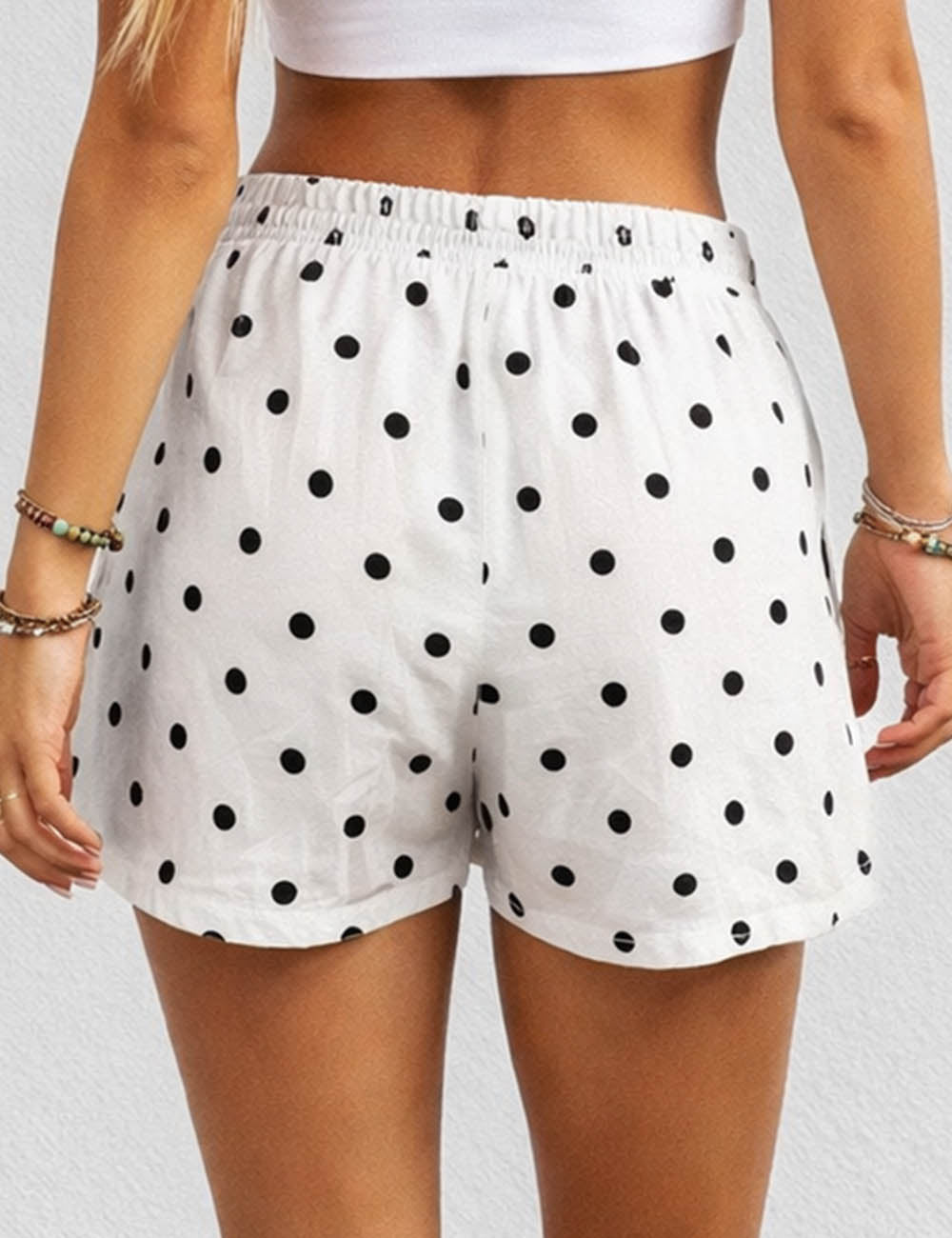 Ladies Polka Dot Elastic Waist Drawstring Wide Leg Shorts