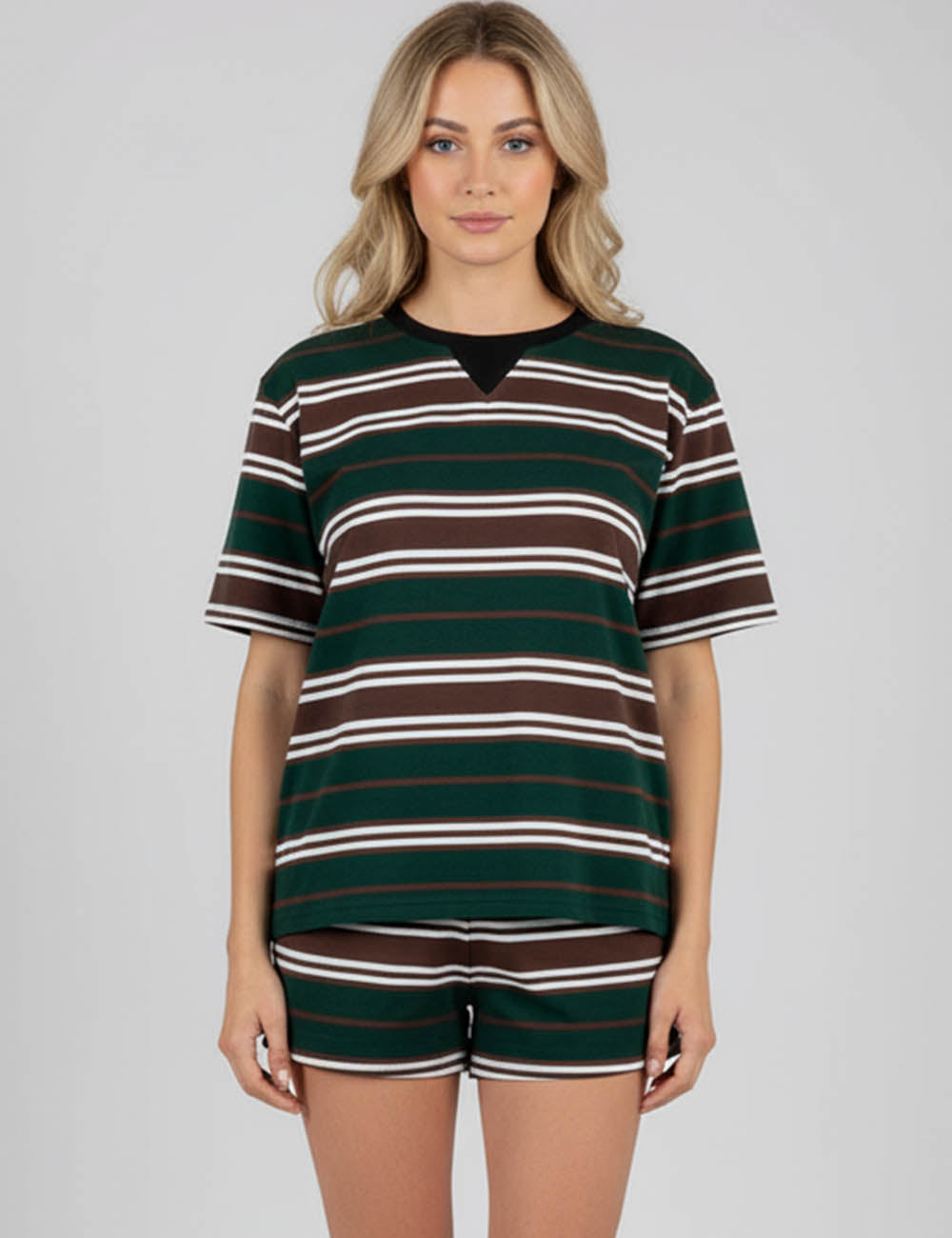 Ladies Striped Short Sleeves Top & Wide Leg Shorts 2PCS Set