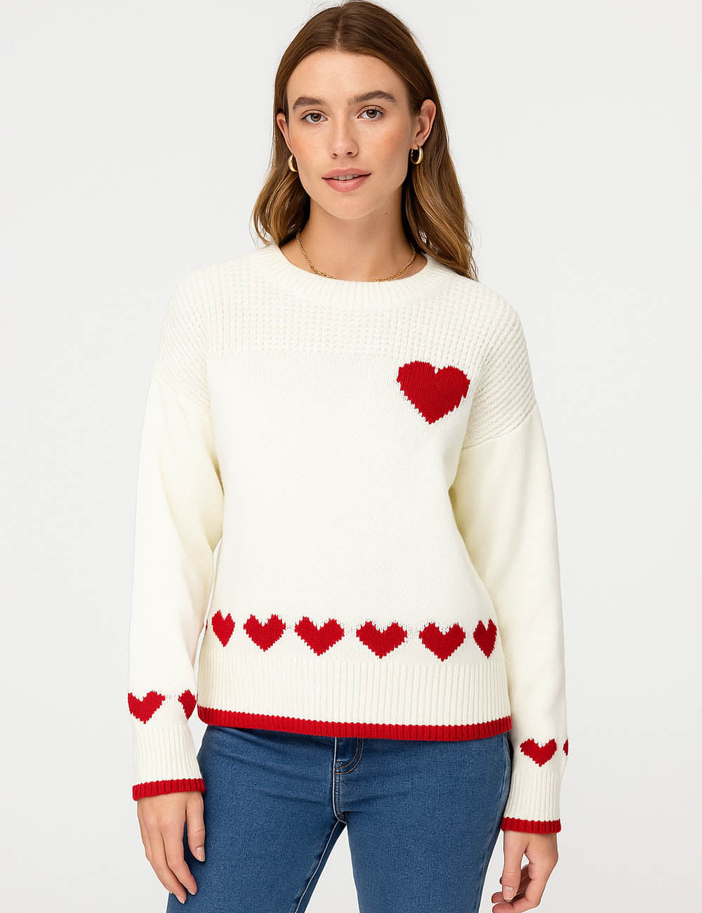 Ladies Valentine Heart Knit Round Neck Pullover Sweater