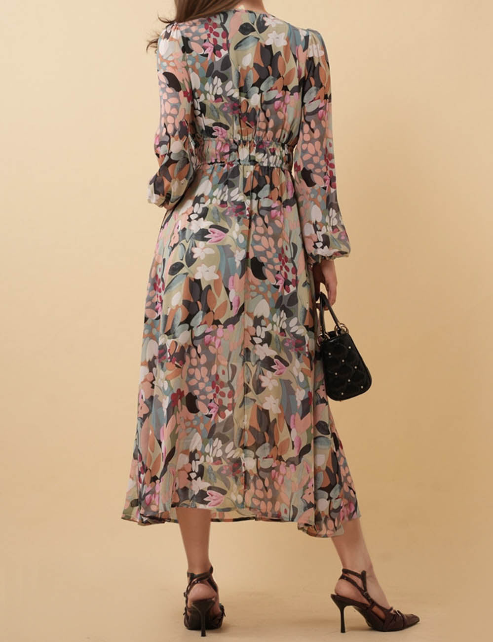 Ladies V-Neck Long Sleeves Floral Print Midi Dress 8SKD51171