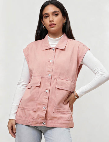 Ladies Turndown Collar Sleeveless Denim Vest SKT4957