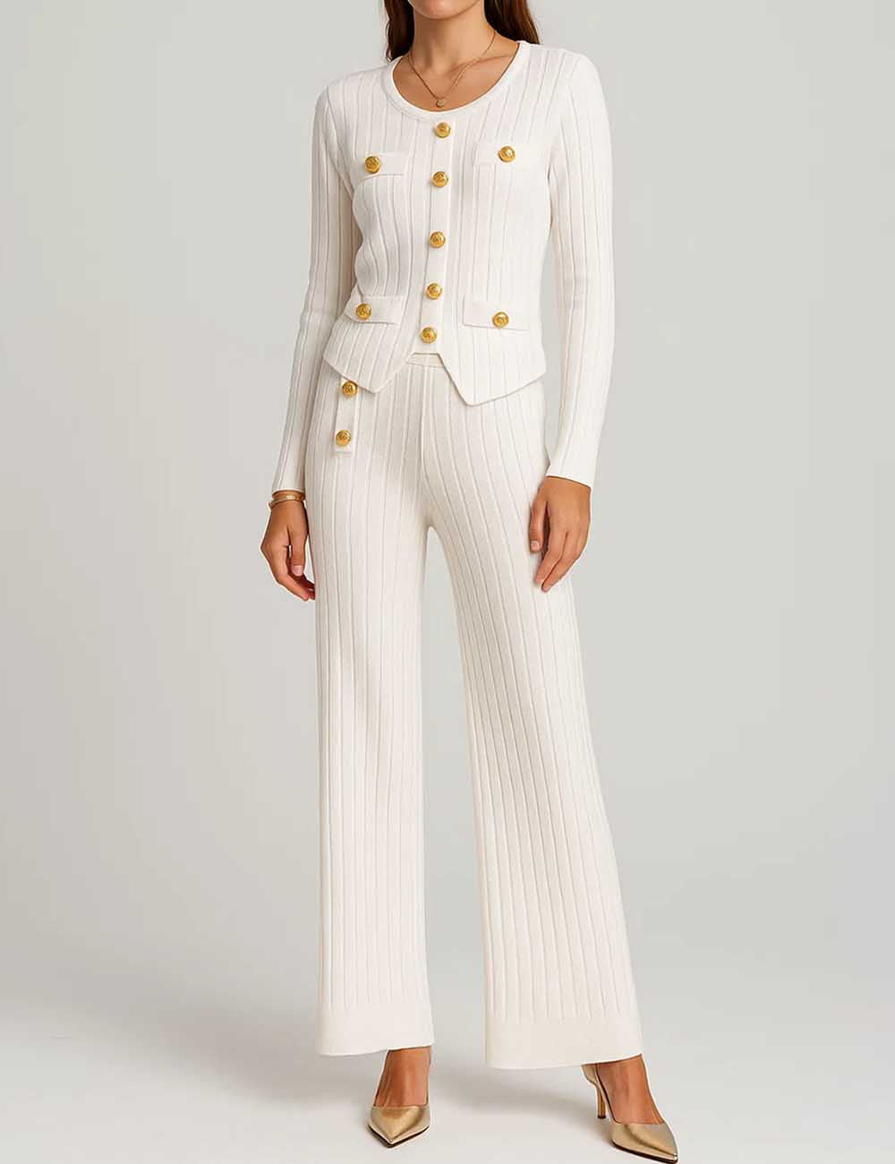 Ladies Solid Color Ribbed Knit Top & Pants Set