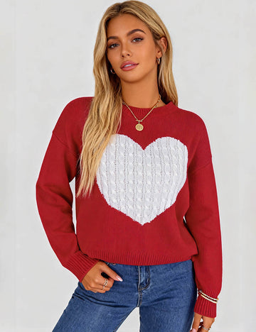 Ladies Valentine's Cable Heart Round Neck Pullover Sweater