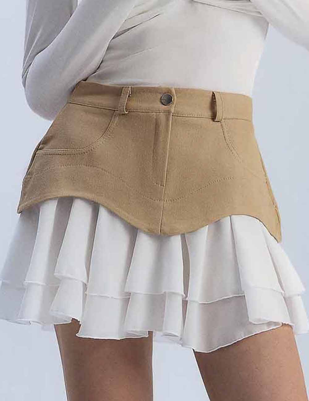 Ladies Color Block Ruffle Button Pocket Denim Skirt