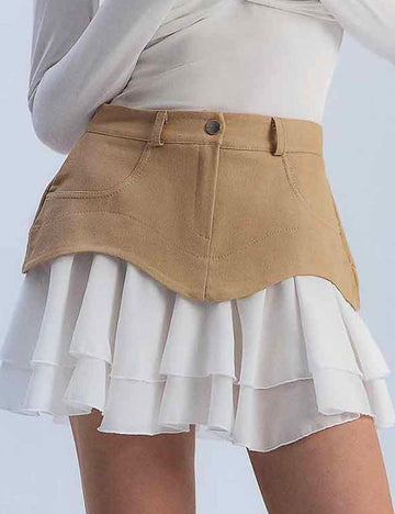 Ladies Color Block Ruffle Button Pocket Denim Skirt