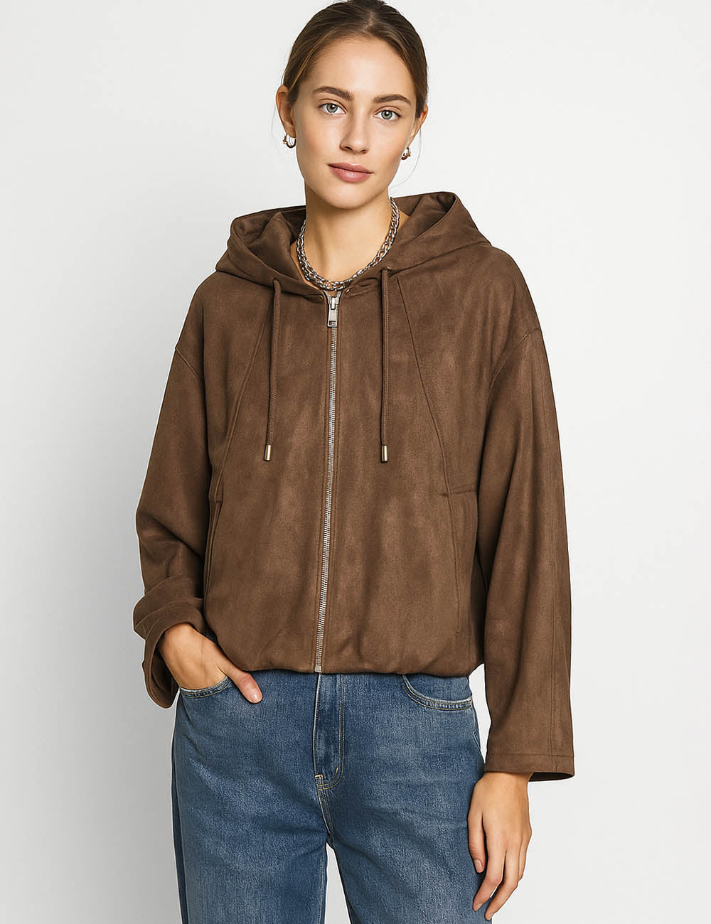 Ladies Suede Hooded Collar Long Sleeves Zipper Front Jacket
