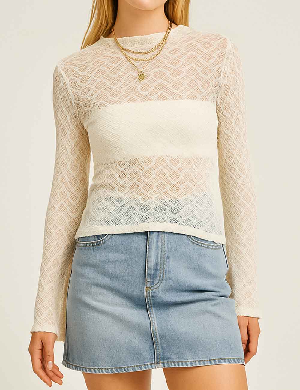 Women Round Neck Long Sleeves Sheer Top
