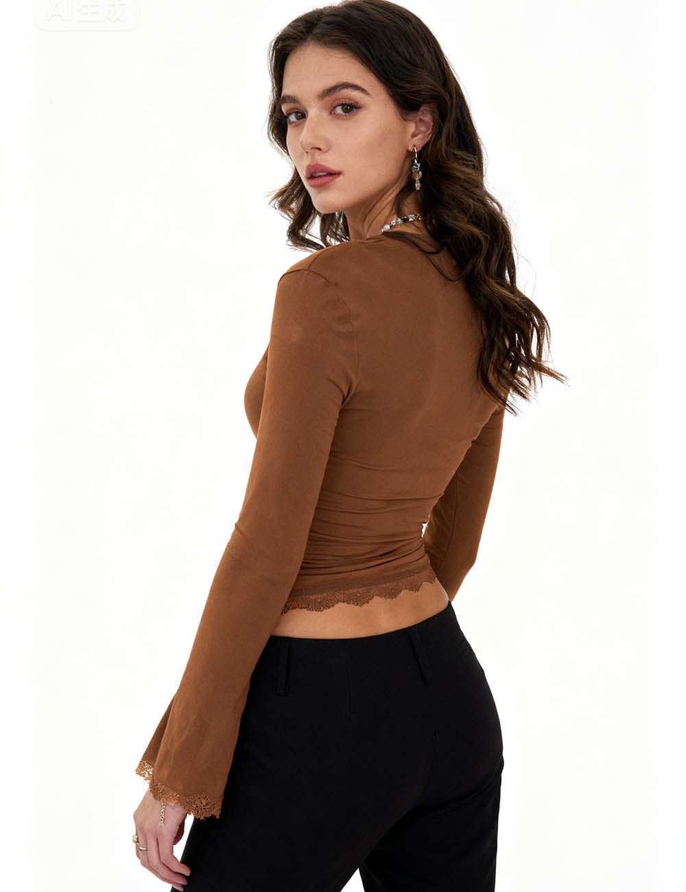 Ladies Sexy Square Neck Flared Sleeves Lace Trim Bodycon Layering Top