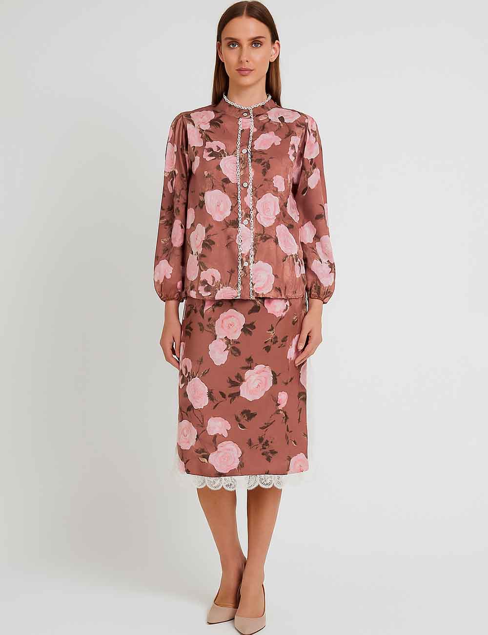 Ladies Floral Print Lace Trim Button Blouse & Skirt Set