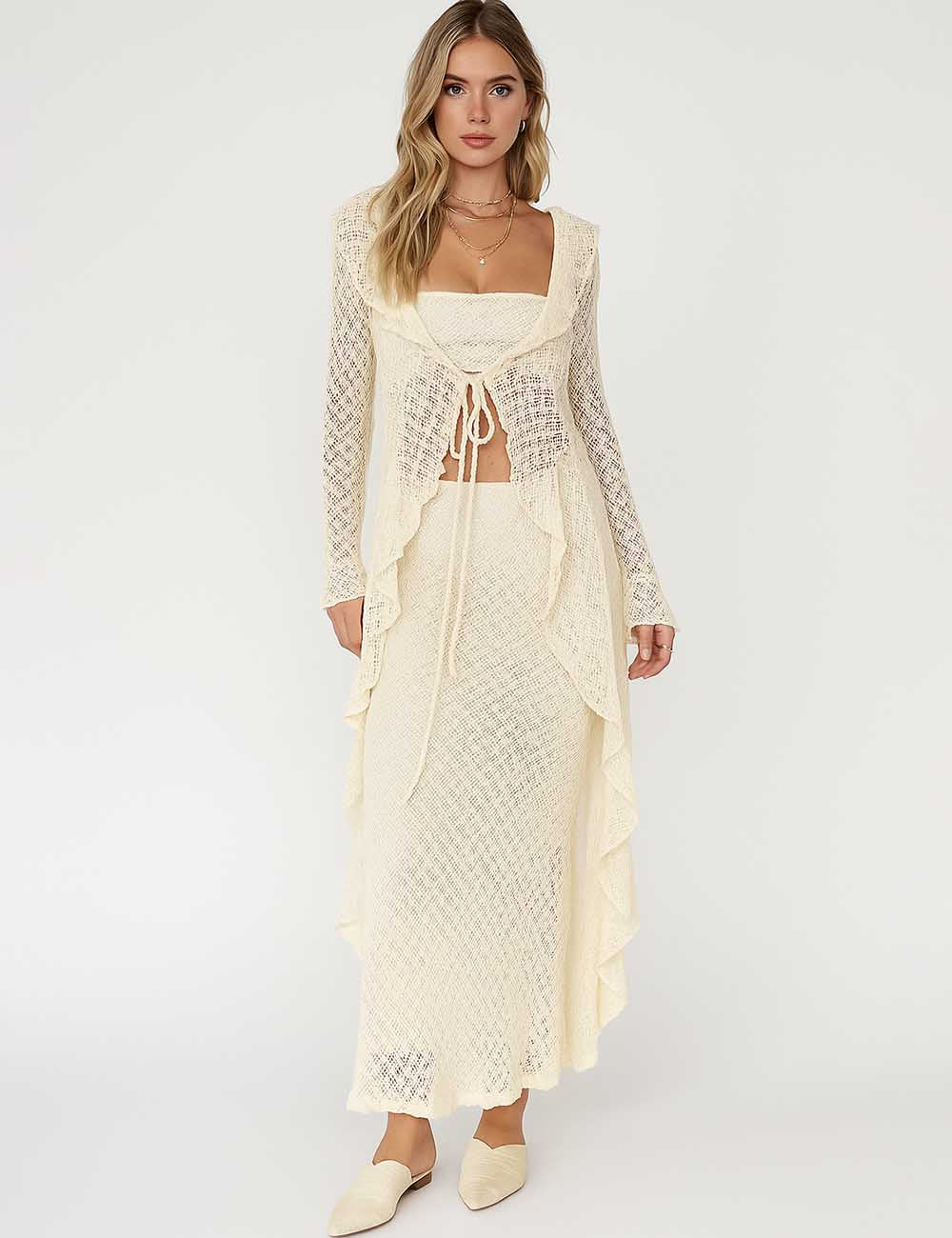 SKDKX15 Women Lux Sparkle Lace Ruffle Tie Front Sheer Duster Cardigan