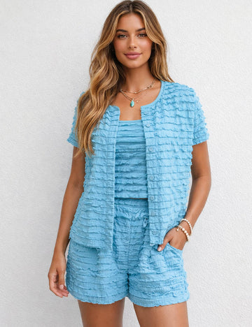 Ladies Wrinkle Sleeveless Top Button Cardigan Shorts 3PCS Set