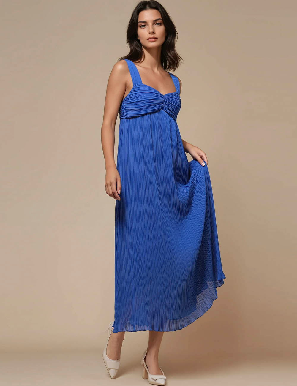 Ladies Guazy Square Collar High Waist Cami Midi Dress