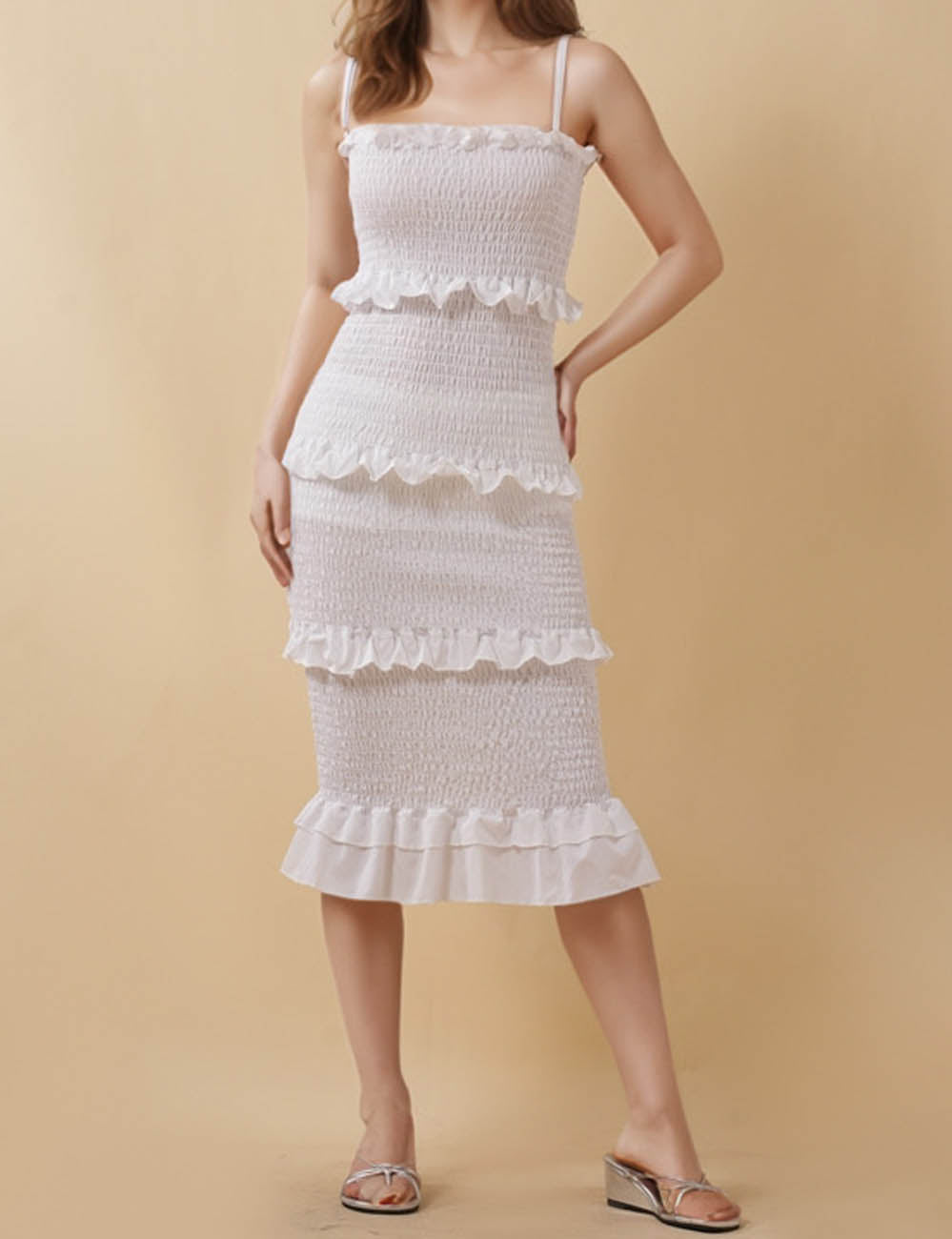 Ladies Solid Color String Shoulder Ruched Hip Wrap Midi Dress