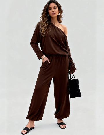 Ladies Solid Color One Shoulder Lantern Leg Top & Pants Set