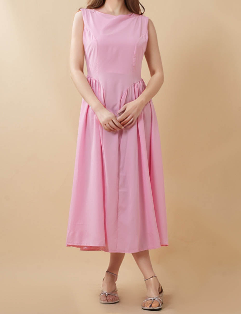 Ladies Solid Color Round Neck Sleeveless Backless Midi Dress