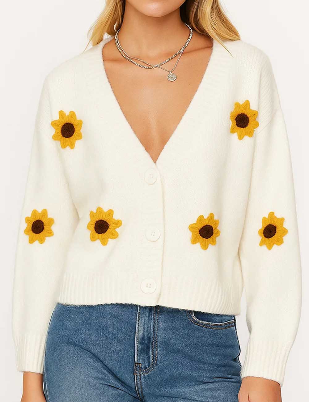Ladies V-Neck Sunflower Pattern Button Knit Cardigan