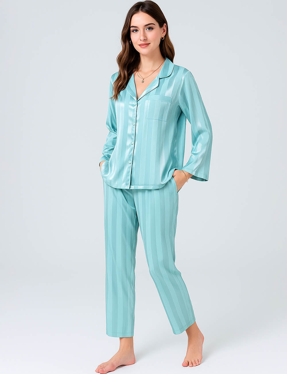 Ladies Satin Lounge Set Striped Button Shirt & Pants 2PCS Set