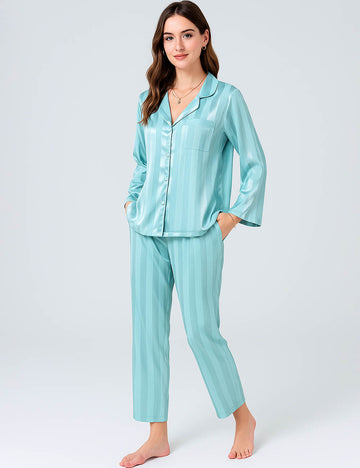 Ladies Satin Lounge Set Striped Button Shirt & Pants 2PCS Set
