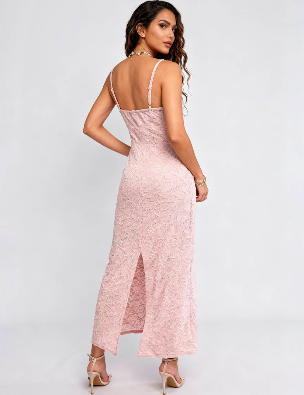 Ladies Jacquard Pattern V-Neck Cutout Front Cami Maxi Dress