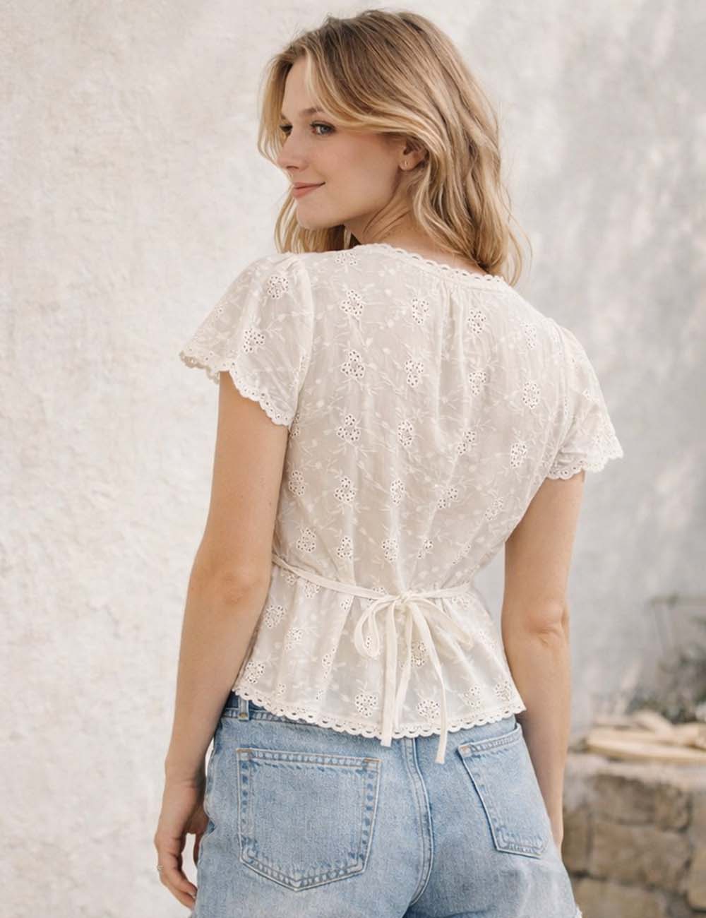 Ladies Romantic Eyelet Embroidery Scalloped Lace Button Top