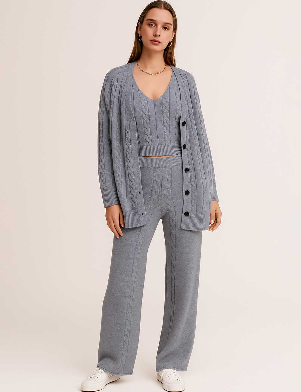 Ladies Cable Knit Top Open Cardigan Pants 3PCS Set