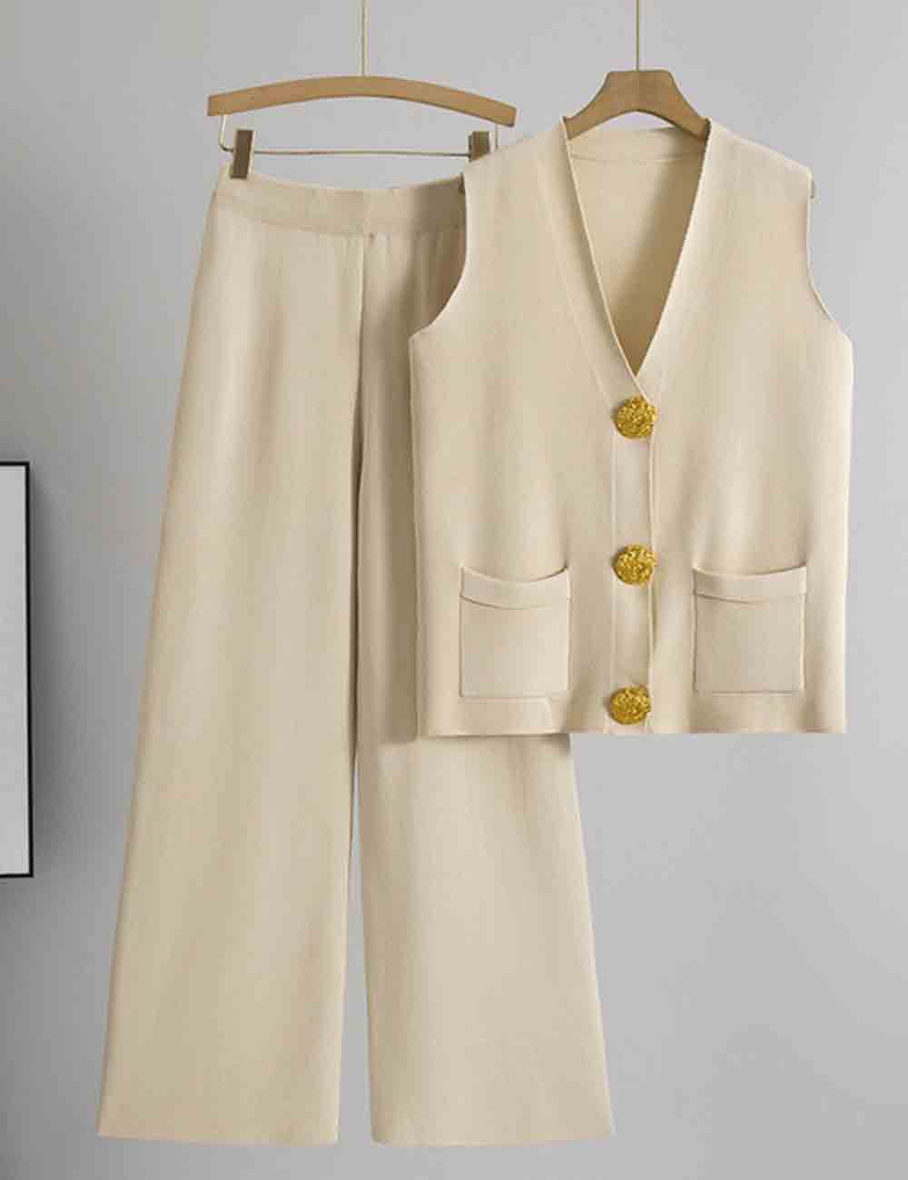 Ladies Solid Color V-Neck Button Knit Vest & Pants 2PCS Set