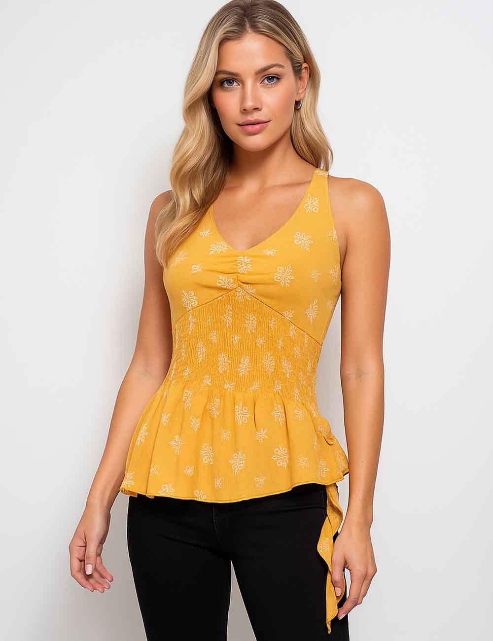 Ladies Embroidery V-Neck Halter Smocking Ruffle Tie Top