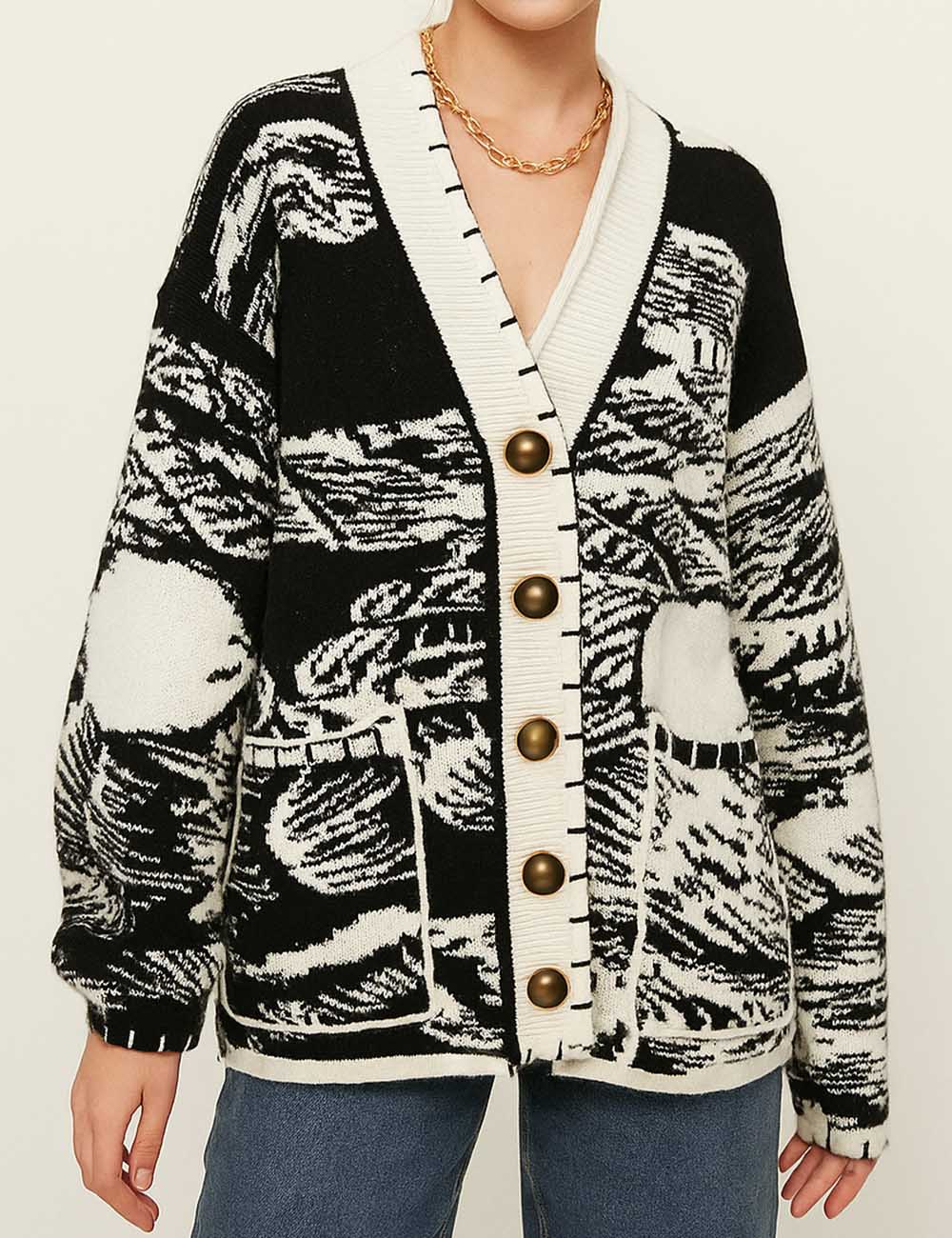 Ladies V-Neck Color Block Abstract Pattern Button Cardigan