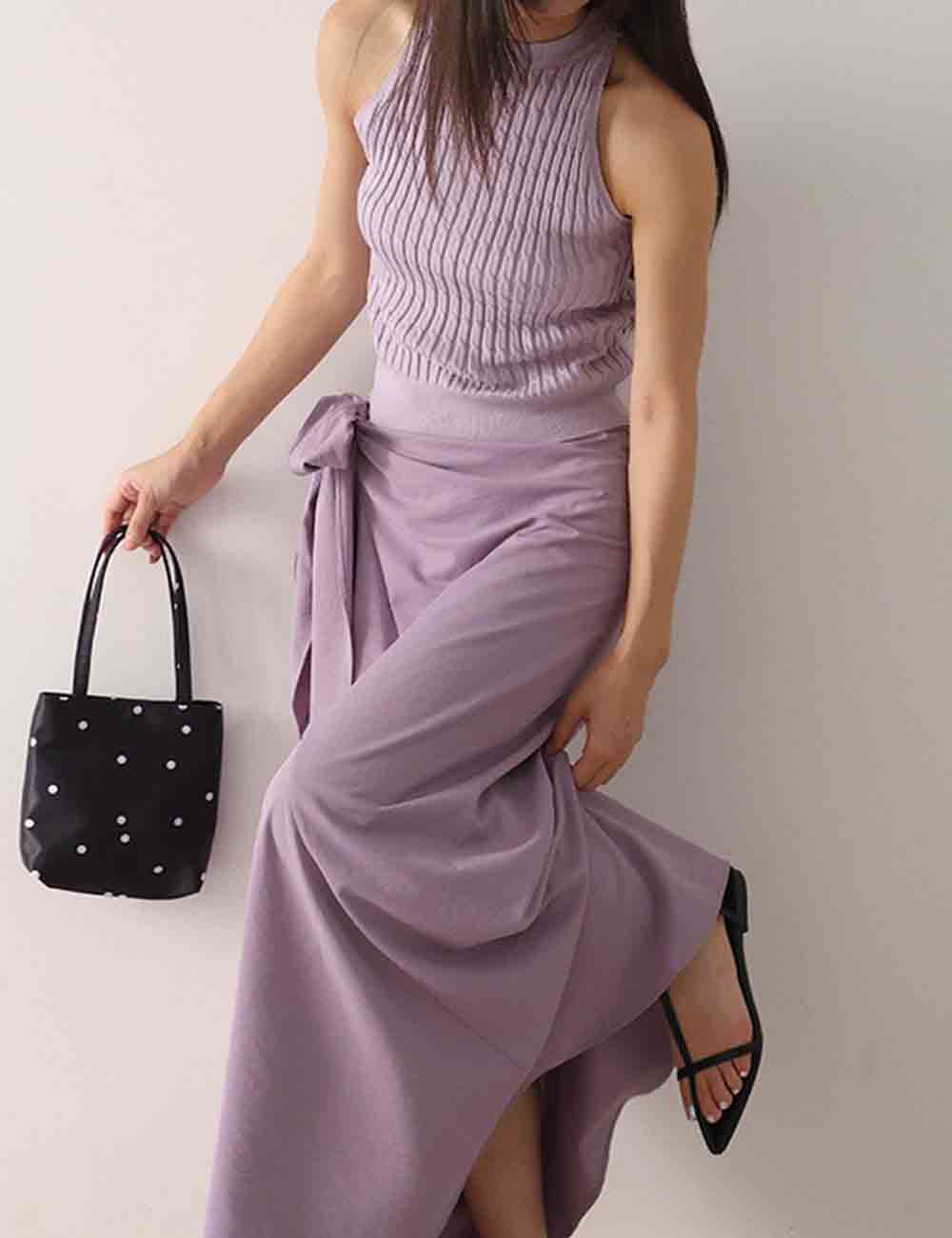 Ladies Solid Color Halter Sleeveless Knit Top & Skirt Set