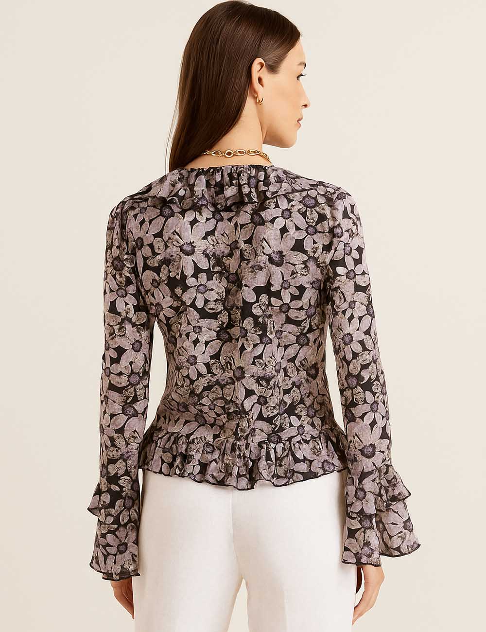 Women Floral Print V-Neck Long Sleeve Blouse