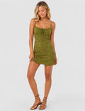 Ladies Floral Jacquard Sleeveless Tie Front Cami Mini Dress